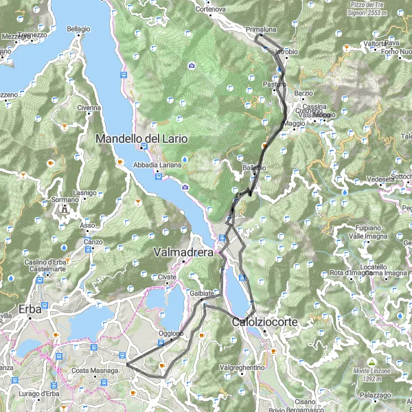 Miniatura della mappa di ispirazione al ciclismo "Giro in bicicletta da Primaluna a Vercurago" nella regione di Lombardia, Italy. Generata da Tarmacs.app, pianificatore di rotte ciclistiche