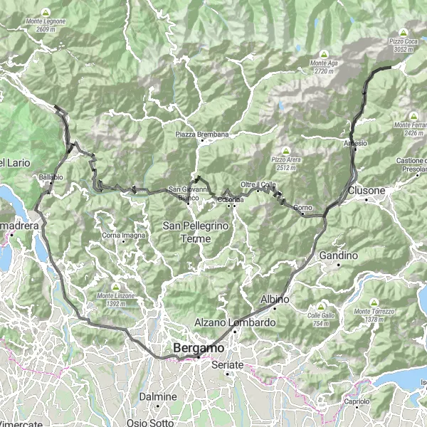 Miniatua del mapa de inspiración ciclista "Aventura en Carretera desde Cremeno hasta Bergamo" en Lombardia, Italy. Generado por Tarmacs.app planificador de rutas ciclistas