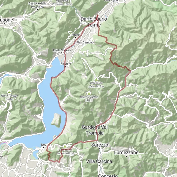 Miniaturní mapa "Epic Gravel Adventure through Montecampione" inspirace pro cyklisty v oblasti Lombardia, Italy. Vytvořeno pomocí plánovače tras Tarmacs.app