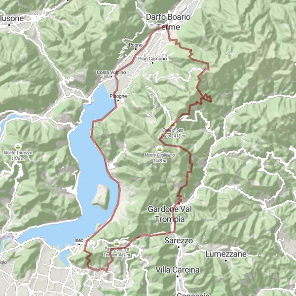 Zemljevid v pomanjšavi "Gravel Potovanje okoli jezera Iseo" kolesarske inspiracije v Lombardia, Italy. Generirano z načrtovalcem kolesarskih poti Tarmacs.app