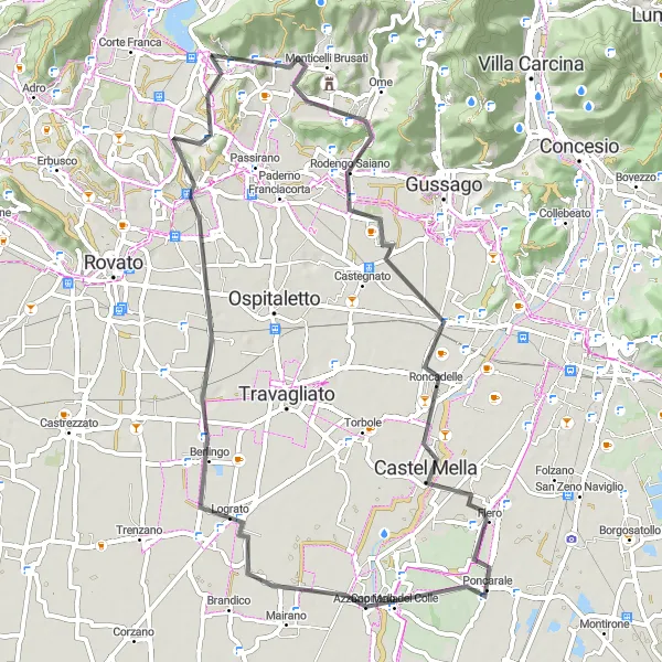 Map miniature of "Rodengo Saiano Tour" cycling inspiration in Lombardia, Italy. Generated by Tarmacs.app cycling route planner