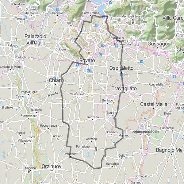 Miniatua del mapa de inspiración ciclista "Ruta de ciclismo de carretera por Monte di Fantecolo y Castelcovati" en Lombardia, Italy. Generado por Tarmacs.app planificador de rutas ciclistas