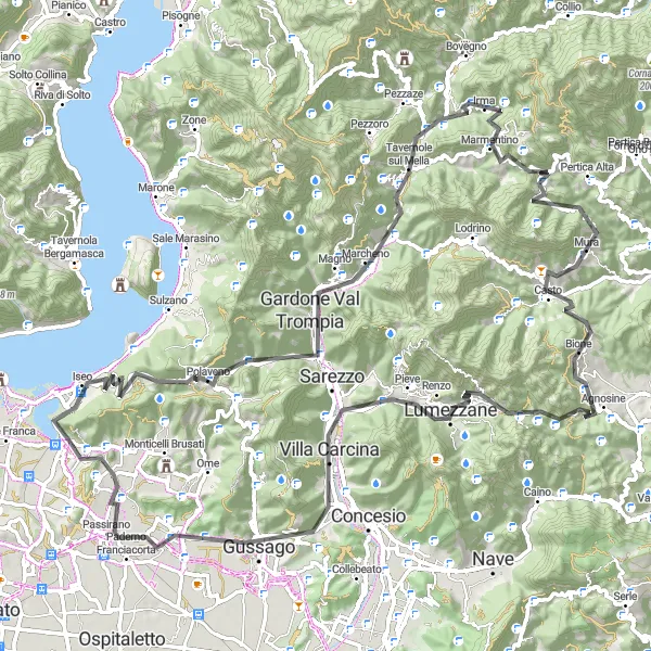 Miniatura della mappa di ispirazione al ciclismo "Giro in bicicletta sulle montagne intorno a Provaglio d'Iseo" nella regione di Lombardia, Italy. Generata da Tarmacs.app, pianificatore di rotte ciclistiche