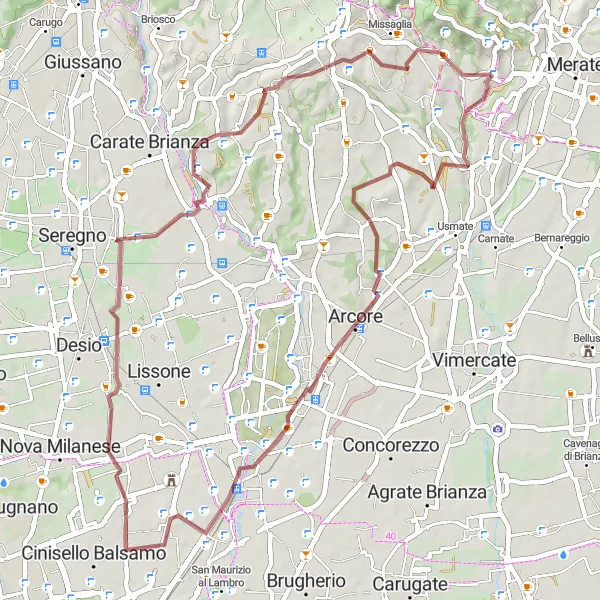 Miniatuurkaart van de fietsinspiratie "Gravelroute Arcore - Rancate" in Lombardia, Italy. Gemaakt door de Tarmacs.app fietsrouteplanner