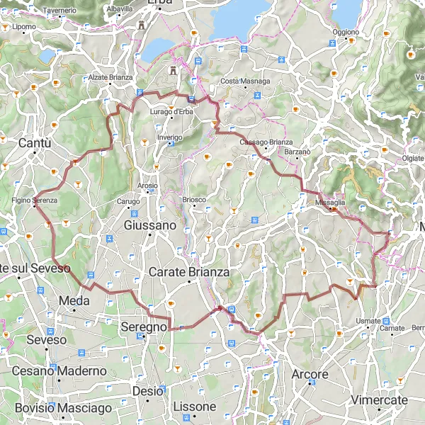 Karten-Miniaturansicht der Radinspiration "Gravel-Abenteuer um Albiate" in Lombardia, Italy. Erstellt vom Tarmacs.app-Routenplaner für Radtouren