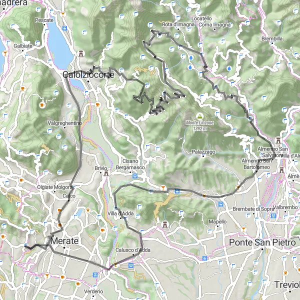 Miniatua del mapa de inspiración ciclista "Ruta en Carretera de Olginate a Quattro Strade" en Lombardia, Italy. Generado por Tarmacs.app planificador de rutas ciclistas