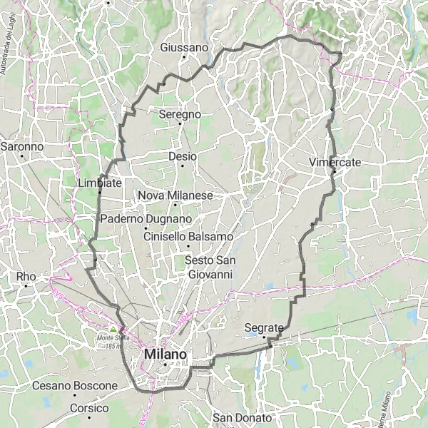 Mapa miniatúra "Villa Sottocasa Loop" cyklistická inšpirácia v Lombardia, Italy. Vygenerované cyklistickým plánovačom trás Tarmacs.app