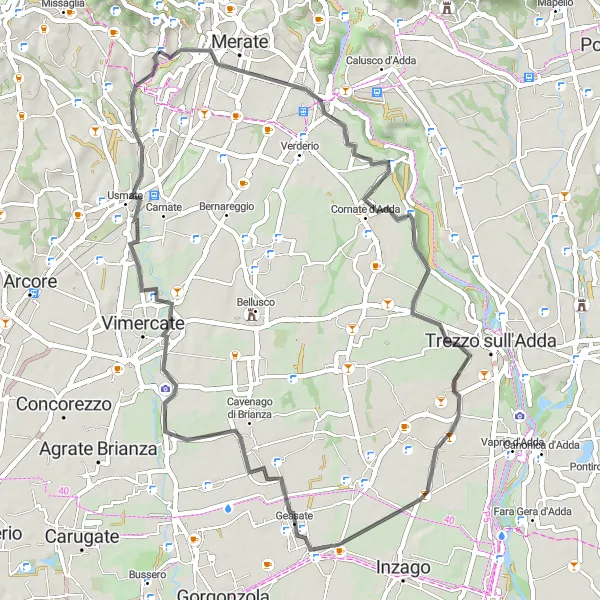 Zemljevid v pomanjšavi "Vožnja ob vznožju Monte Robbia" kolesarske inspiracije v Lombardia, Italy. Generirano z načrtovalcem kolesarskih poti Tarmacs.app