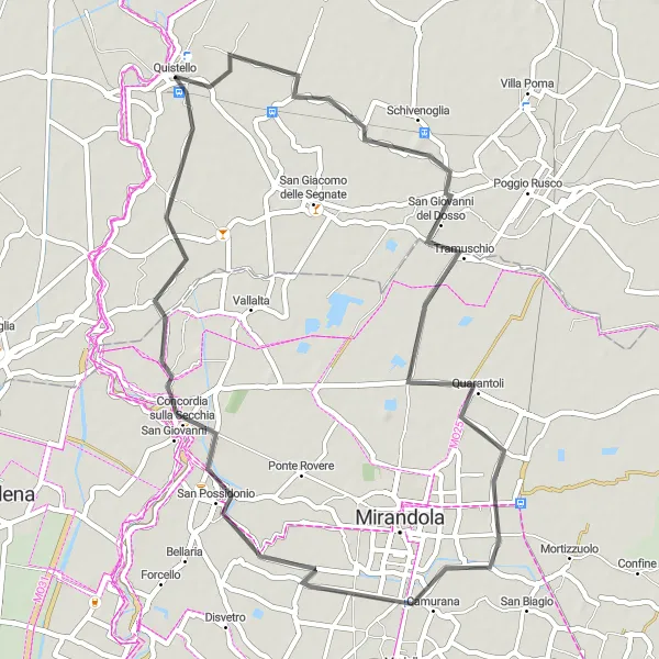 Mapa miniatúra "Trasa okolo Quistella cez Concordiu sulla Secchia" cyklistická inšpirácia v Lombardia, Italy. Vygenerované cyklistickým plánovačom trás Tarmacs.app