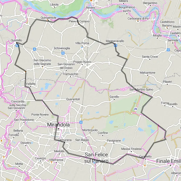 Kartminiatyr av "Utforska Mirandola och omgivningar" cykelinspiration i Lombardia, Italy. Genererad av Tarmacs.app cykelruttplanerare