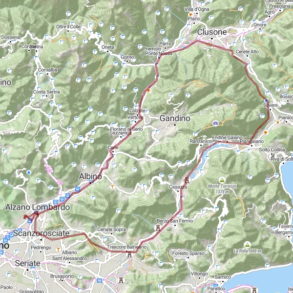 Karttaminiaatyyri "Exploratory Gravel Cycling Route to Monte Beur" pyöräilyinspiraatiosta alueella Lombardia, Italy. Luotu Tarmacs.app pyöräilyreittisuunnittelijalla