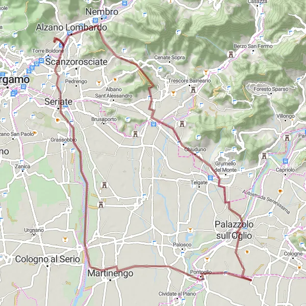 Miniature de la carte de l'inspiration cycliste "Aventure Gravel de la Vallée Seriana" dans la Lombardia, Italy. Générée par le planificateur d'itinéraire cycliste Tarmacs.app