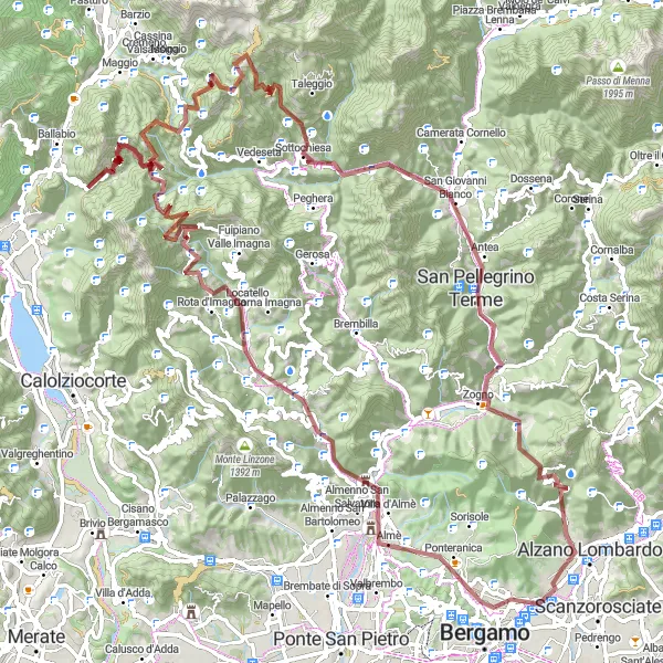 Miniatua del mapa de inspiración ciclista "Ruta de Grava de Ranica a San Pellegrino Terme" en Lombardia, Italy. Generado por Tarmacs.app planificador de rutas ciclistas