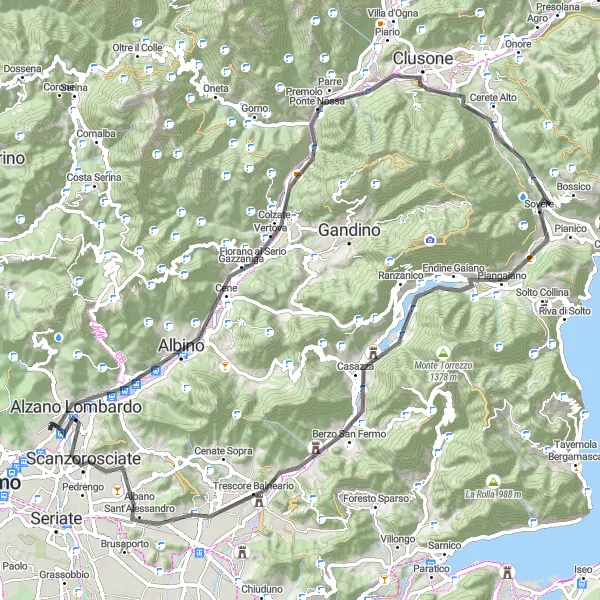 Miniatua del mapa de inspiración ciclista "Ruta de Carretera de Ranica a Villa di Serio" en Lombardia, Italy. Generado por Tarmacs.app planificador de rutas ciclistas