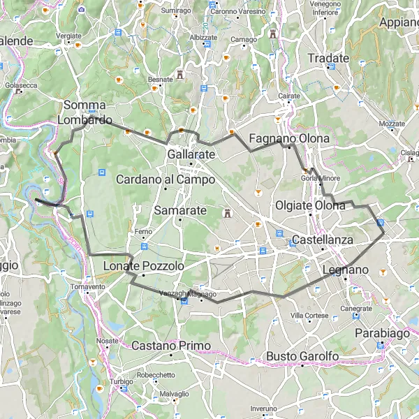 Map miniature of "The Rescaldina Loop" cycling inspiration in Lombardia, Italy. Generated by Tarmacs.app cycling route planner