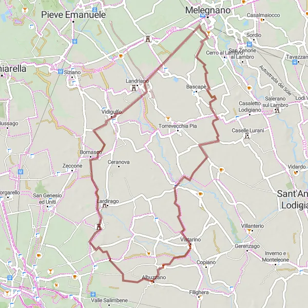 Miniaturní mapa "Gravel Adventure to Castel Lambro and Corbesate" inspirace pro cyklisty v oblasti Lombardia, Italy. Vytvořeno pomocí plánovače tras Tarmacs.app