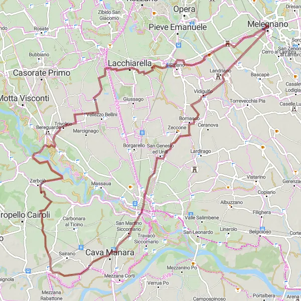 Miniatua del mapa de inspiración ciclista "Explorando Castello Visconteo-Mediceo di Melegnano" en Lombardia, Italy. Generado por Tarmacs.app planificador de rutas ciclistas