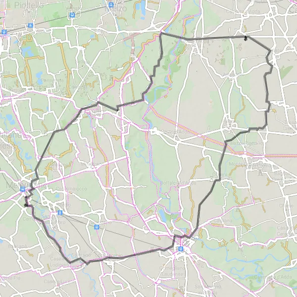 Karttaminiaatyyri "Tribiano-Comazzo-Dovera-Mairano Loop" pyöräilyinspiraatiosta alueella Lombardia, Italy. Luotu Tarmacs.app pyöräilyreittisuunnittelijalla