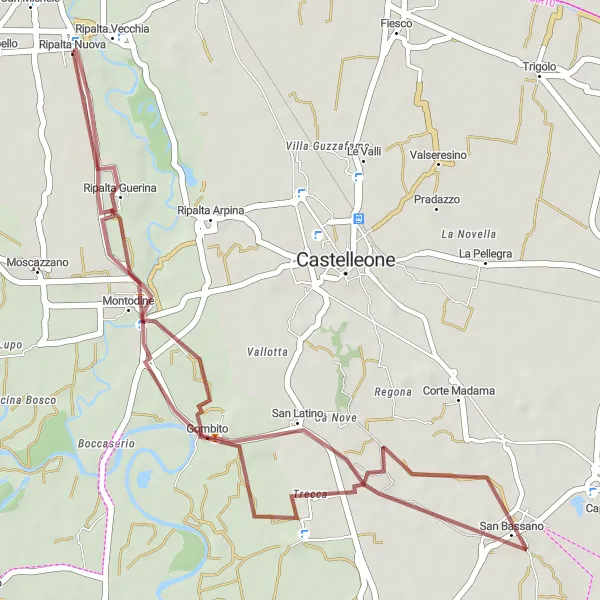 Miniatura della mappa di ispirazione al ciclismo "Giro in bicicletta fuoristrada da Ripalta Nuova attraverso Gombito e San Bassano" nella regione di Lombardia, Italy. Generata da Tarmacs.app, pianificatore di rotte ciclistiche