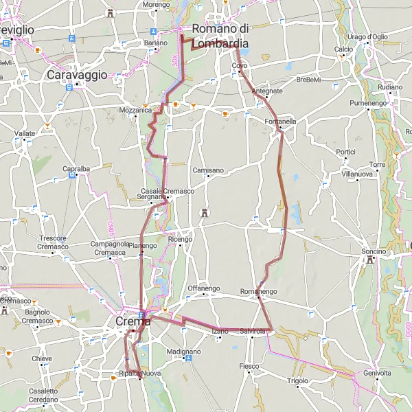 Map miniature of "Pianengo and Crema Gravel Loop" cycling inspiration in Lombardia, Italy. Generated by Tarmacs.app cycling route planner