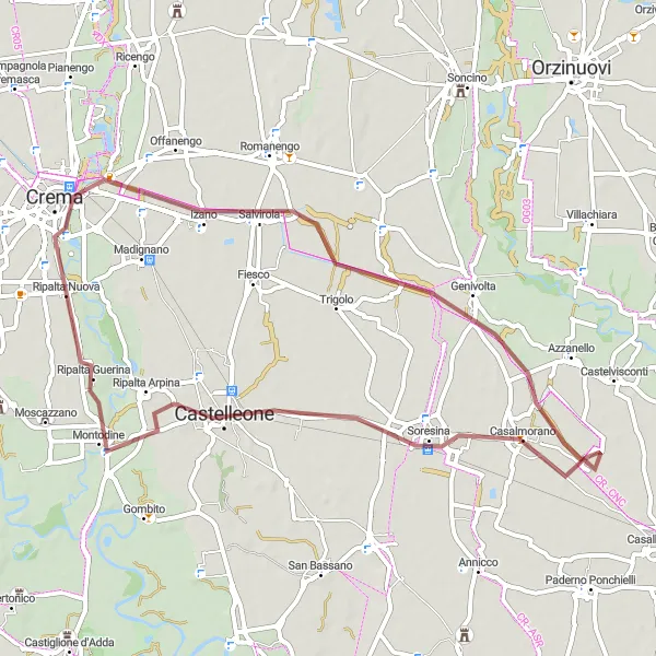 Map miniature of "Crema and Montodine Gravel Loop" cycling inspiration in Lombardia, Italy. Generated by Tarmacs.app cycling route planner