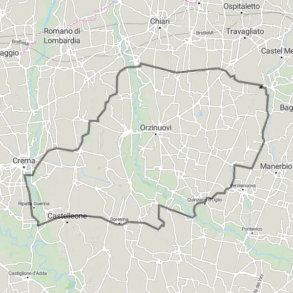 Miniatura della mappa di ispirazione al ciclismo "Circuito ciclistico panoramico da Ripalta Nuova a Romanengo e Maclodio" nella regione di Lombardia, Italy. Generata da Tarmacs.app, pianificatore di rotte ciclistiche