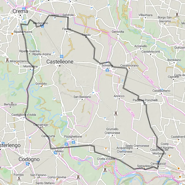 Miniatura della mappa di ispirazione al ciclismo "Tour in bicicletta tra Soresina e Castiglione d'Adda da Ripalta Nuova" nella regione di Lombardia, Italy. Generata da Tarmacs.app, pianificatore di rotte ciclistiche