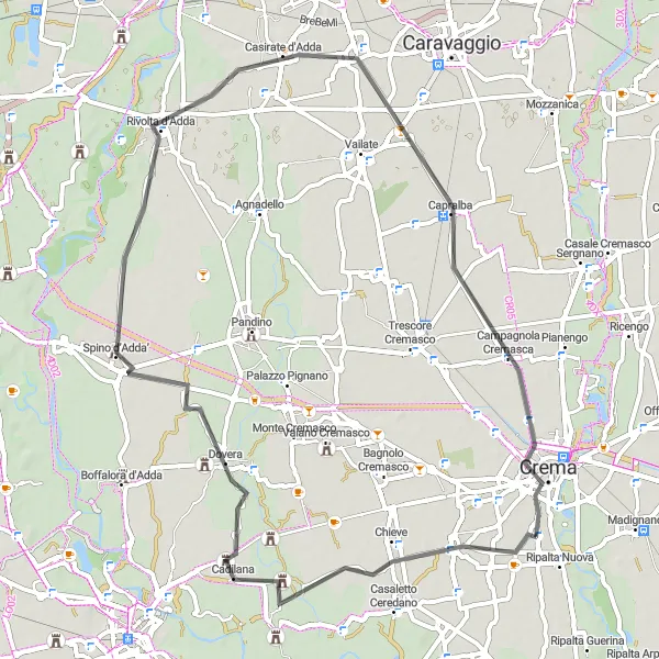 Kartminiatyr av "Rundtur rundt Ripalta Nuova" sykkelinspirasjon i Lombardia, Italy. Generert av Tarmacs.app sykkelrutoplanlegger