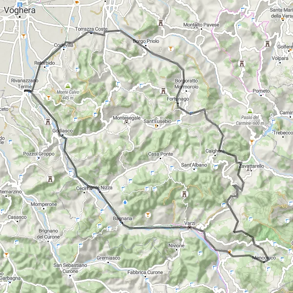 Mapa miniatúra "Okruhová cyklotrasa cez Borgo Priolo a Varzi" cyklistická inšpirácia v Lombardia, Italy. Vygenerované cyklistickým plánovačom trás Tarmacs.app