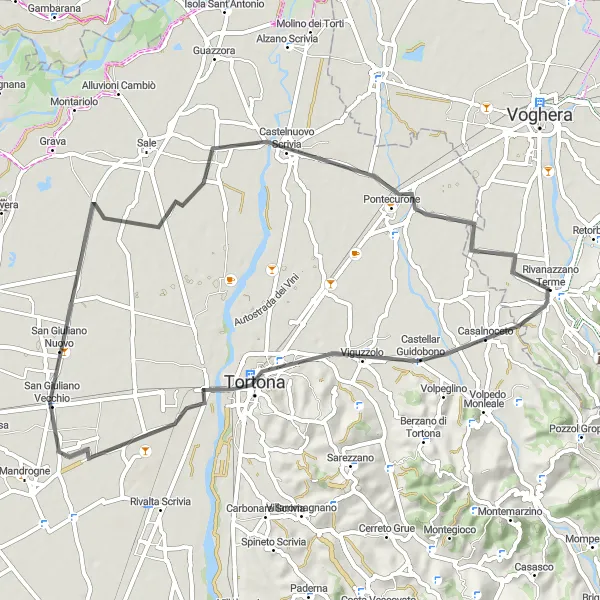 Zemljevid v pomanjšavi "Road Route Casalnoceto-Tortona-San Giuliano Vecchio-Castelnuovo Scrivia" kolesarske inspiracije v Lombardia, Italy. Generirano z načrtovalcem kolesarskih poti Tarmacs.app