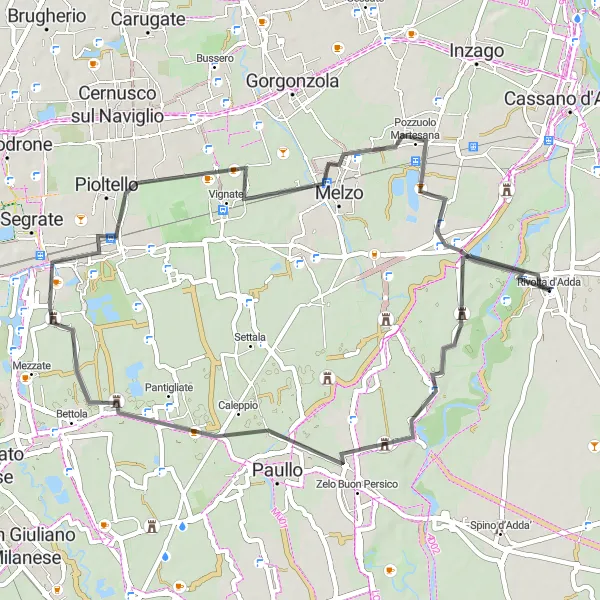 Miniatura della mappa di ispirazione al ciclismo "Percorso ciclistico attraverso Paullo e Melzo" nella regione di Lombardia, Italy. Generata da Tarmacs.app, pianificatore di rotte ciclistiche