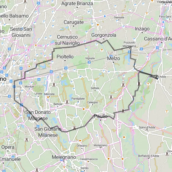 Miniatura della mappa di ispirazione al ciclismo "Giro in bicicletta da Rivolta d'Adda a Cassina de' Pecchi" nella regione di Lombardia, Italy. Generata da Tarmacs.app, pianificatore di rotte ciclistiche