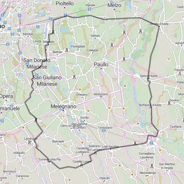 Miniatura della mappa di ispirazione al ciclismo "Giro in bicicletta da Rivolta d'Adda" nella regione di Lombardia, Italy. Generata da Tarmacs.app, pianificatore di rotte ciclistiche