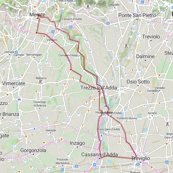 Miniatura della mappa di ispirazione al ciclismo "Giro in bicicletta attraverso Robbiate e Crespi d'Adda" nella regione di Lombardia, Italy. Generata da Tarmacs.app, pianificatore di rotte ciclistiche