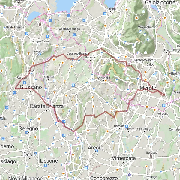 Miniatura della mappa di ispirazione al ciclismo "Rotta panoramica attraverso les mo" nella regione di Lombardia, Italy. Generata da Tarmacs.app, pianificatore di rotte ciclistiche