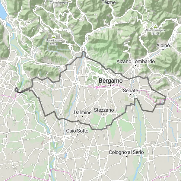 Miniatua del mapa de inspiración ciclista "Ruta de Ciclismo por Monte Robbio y Costa di Mezzate" en Lombardia, Italy. Generado por Tarmacs.app planificador de rutas ciclistas