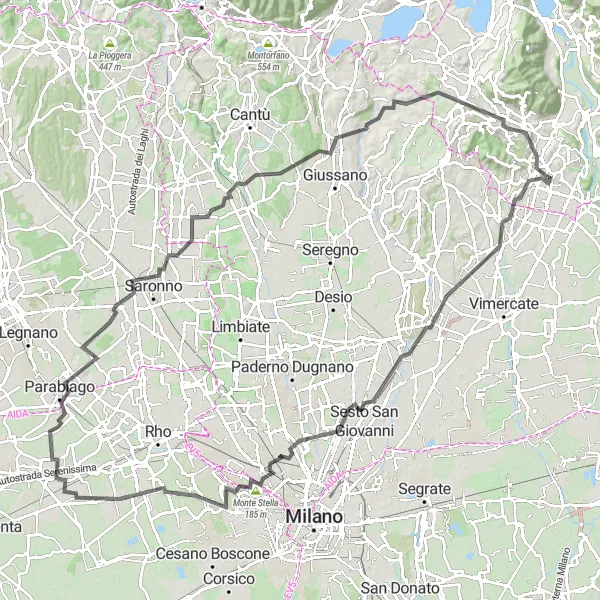 Miniatua del mapa de inspiración ciclista "Ruta de 122 km en carretera desde Robbiate" en Lombardia, Italy. Generado por Tarmacs.app planificador de rutas ciclistas