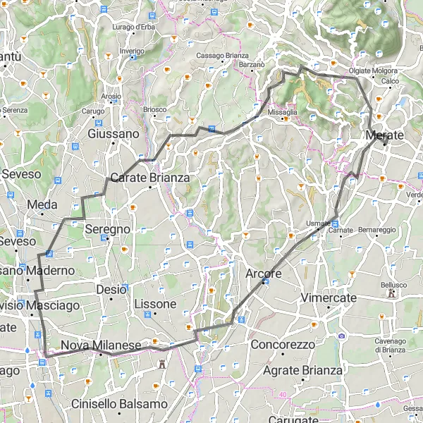 Map miniature of "Brianza Countryside Charm" cycling inspiration in Lombardia, Italy. Generated by Tarmacs.app cycling route planner