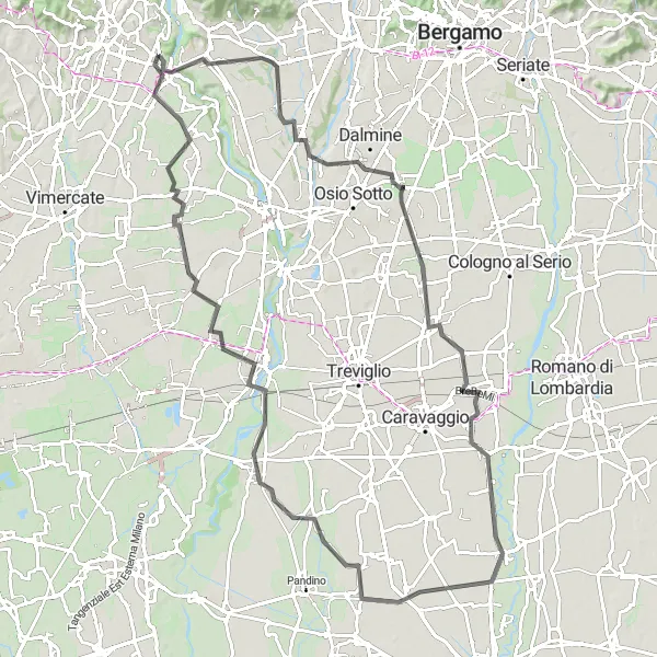 Miniaturní mapa "Cyklotrasa kolem Robbiate (cestní kola) - 104 km" inspirace pro cyklisty v oblasti Lombardia, Italy. Vytvořeno pomocí plánovače tras Tarmacs.app