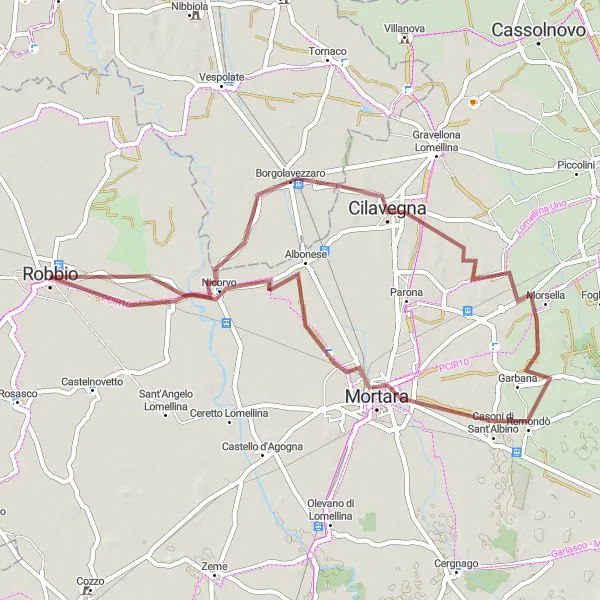 Mapa miniatúra "Gravelová cyklotrasa cez Nicorvo a Mortara" cyklistická inšpirácia v Lombardia, Italy. Vygenerované cyklistickým plánovačom trás Tarmacs.app