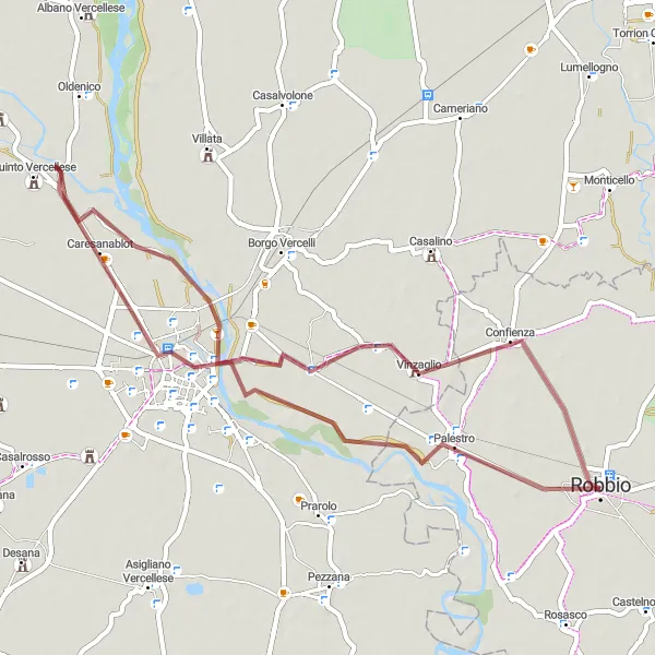 Kartminiatyr av "Oppdagende grusrute nær Robbio" sykkelinspirasjon i Lombardia, Italy. Generert av Tarmacs.app sykkelrutoplanlegger