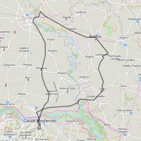 Miniatura della mappa di ispirazione al ciclismo "Avventura ciclistica da Robbio a Palestro" nella regione di Lombardia, Italy. Generata da Tarmacs.app, pianificatore di rotte ciclistiche