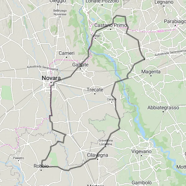 Miniatura della mappa di ispirazione al ciclismo "Ciclovia alle Terre del Ticino" nella regione di Lombardia, Italy. Generata da Tarmacs.app, pianificatore di rotte ciclistiche