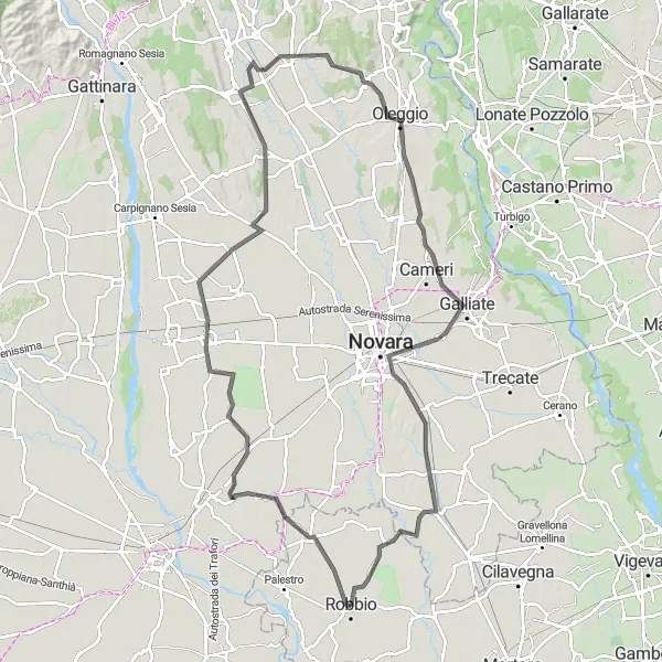 Map miniature of "Robbio to Novara and Robbio Loop" cycling inspiration in Lombardia, Italy. Generated by Tarmacs.app cycling route planner