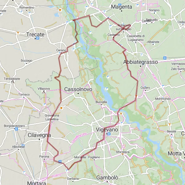 Zemljevid v pomanjšavi "Kolesarska pot od Robecco sul Naviglio do Gravellona Lomellina" kolesarske inspiracije v Lombardia, Italy. Generirano z načrtovalcem kolesarskih poti Tarmacs.app