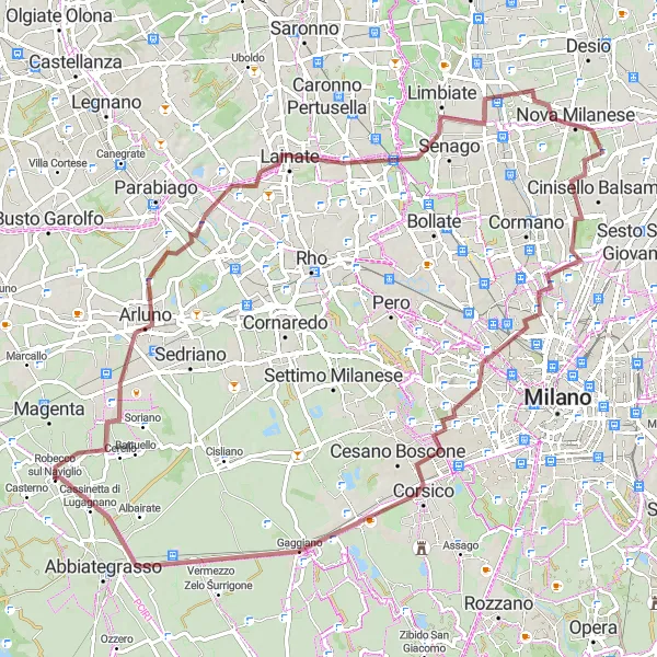 Miniatura della mappa di ispirazione al ciclismo "Circuito in bicicletta tra Robecco sul Naviglio e Cassinetta di Lugagnano passando per Arluno, Limbiate, Nova Milanese" nella regione di Lombardia, Italy. Generata da Tarmacs.app, pianificatore di rotte ciclistiche