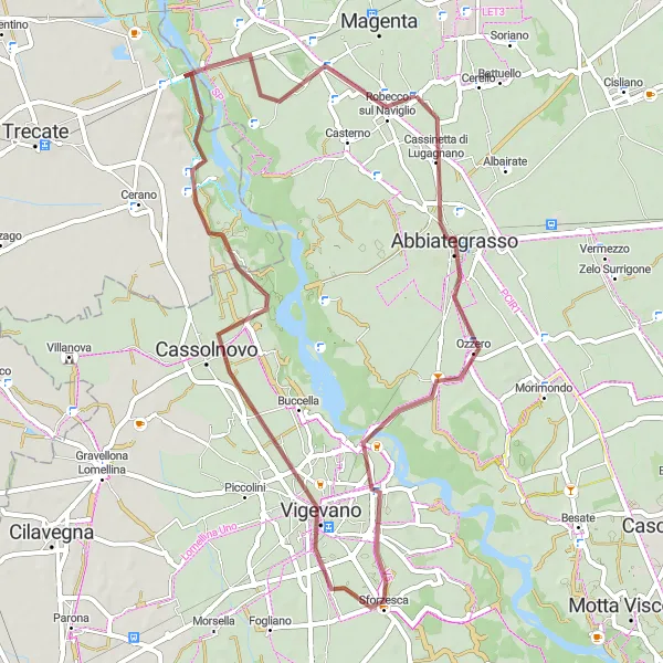 Miniatura della mappa di ispirazione al ciclismo "Ciclovia Gravel da Robecco sul Naviglio a Ozzero" nella regione di Lombardia, Italy. Generata da Tarmacs.app, pianificatore di rotte ciclistiche