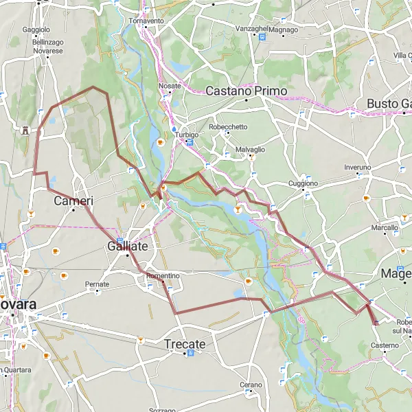 Miniatura della mappa di ispirazione al ciclismo "Tour in bicicletta da Robecco sul Naviglio a Boffalora sopra Ticino passando per Romentino, Cameri, Castello di Cavagliano" nella regione di Lombardia, Italy. Generata da Tarmacs.app, pianificatore di rotte ciclistiche