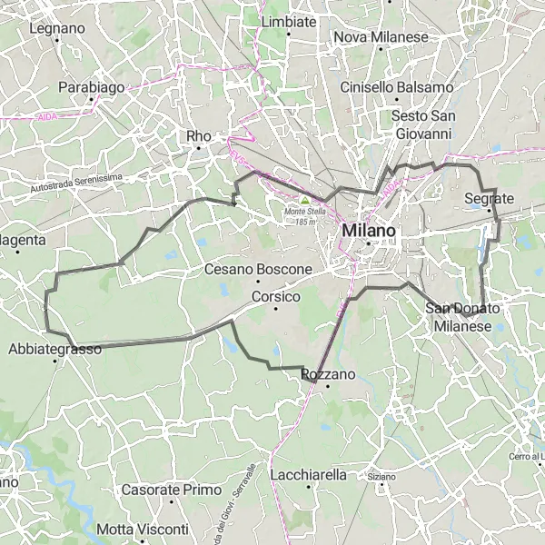 Miniatua del mapa de inspiración ciclista "Ruta a través de Monte Stella, Vimodrone y Gaggiano" en Lombardia, Italy. Generado por Tarmacs.app planificador de rutas ciclistas