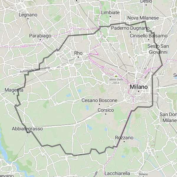 Mapa miniatúra "Okružná cyklistická trasa cez Arluno, Senago a Belvedere" cyklistická inšpirácia v Lombardia, Italy. Vygenerované cyklistickým plánovačom trás Tarmacs.app